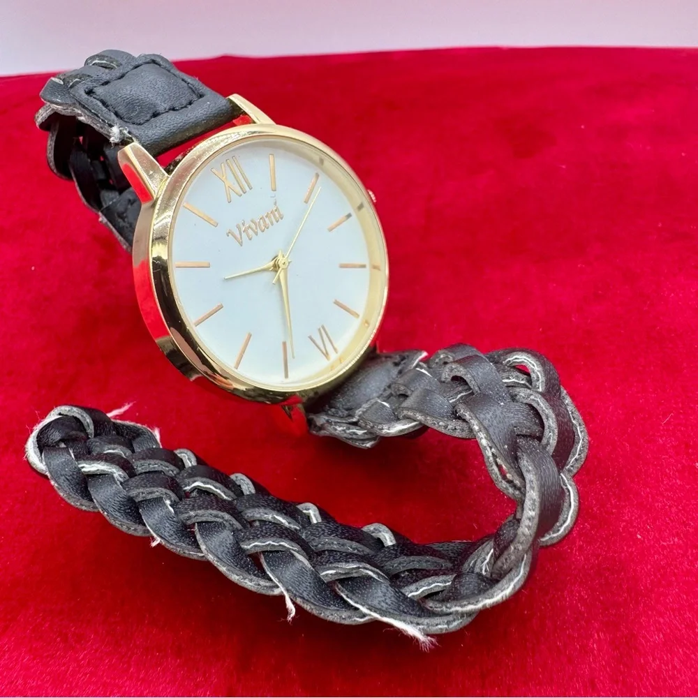 Vivant Gold-Tone‎ Minimalist Watch Accutime Japan Quartz Braided Leather Strap